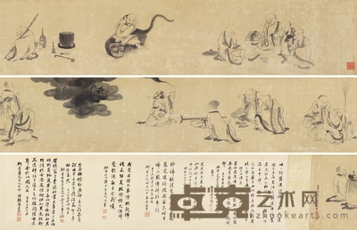 罗汉 手卷 水墨绫本 画心34×340cm;题跋34×120cm