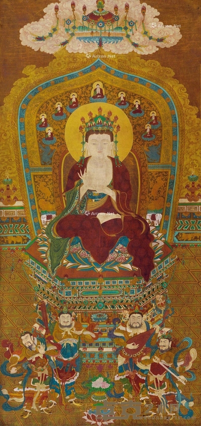 四大金刚朝圣 立轴 设色绫本 226×106cm