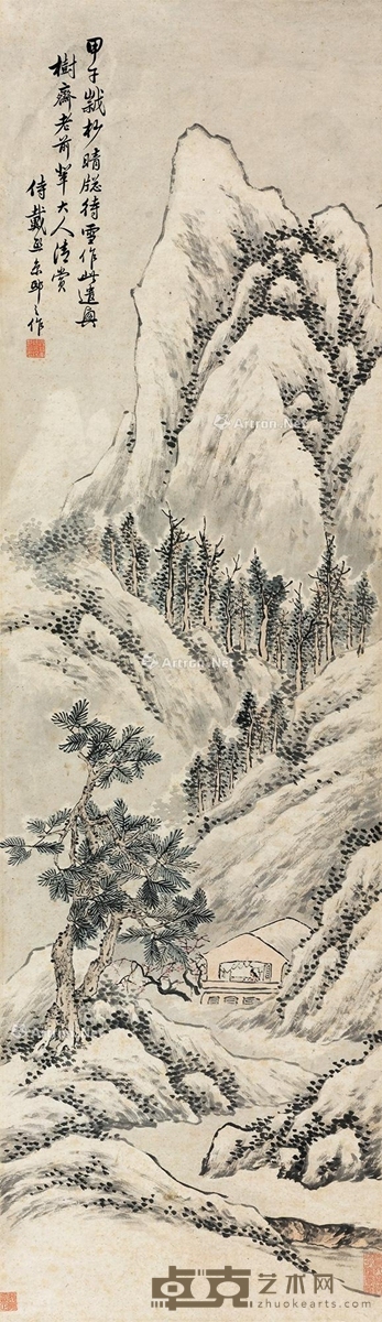 晴窗待雪图 立轴 设色纸本 125.5×36cm