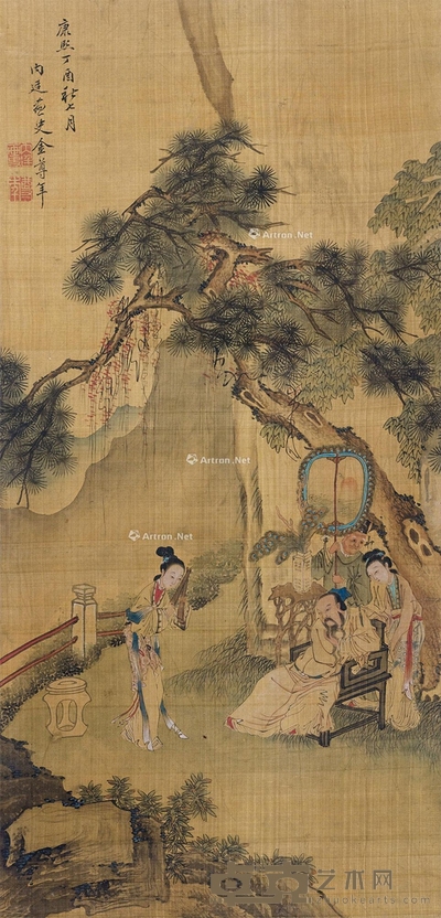 休憩图 立轴 设色绢本 86.5×42cm