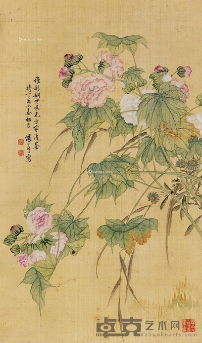 花开富贵 立轴 设色绫本 66×39cm