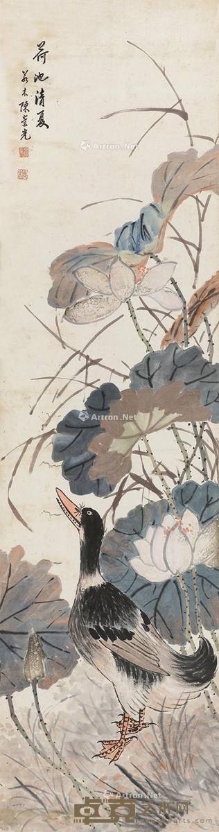 荷池清夏 立轴 设色纸本 176.5×46.5cm