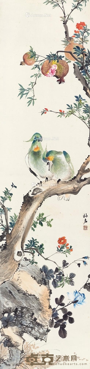 石榴鹦鹉 立轴 设色纸本 133×33cm