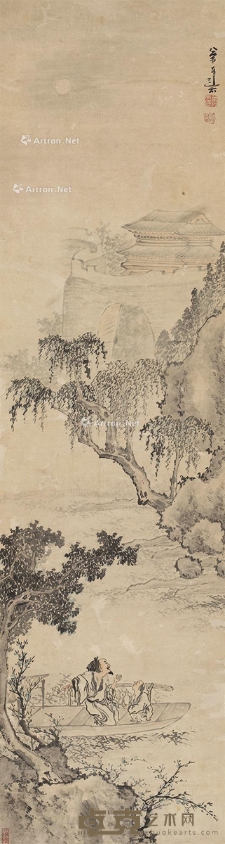 举杯邀月图 立轴 设色纸本 131×35cm