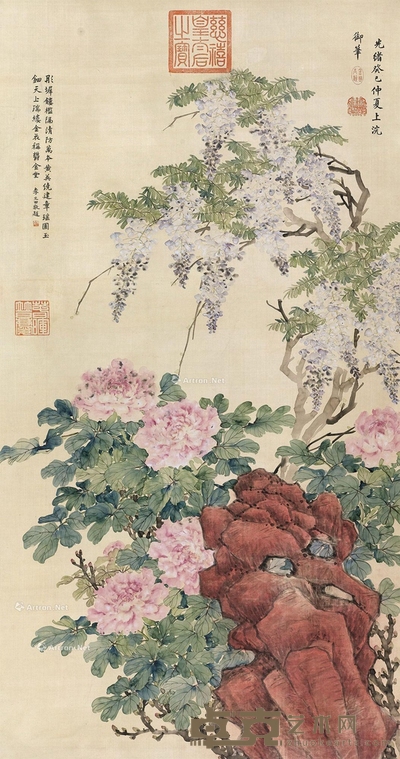 紫藤牡丹图 立轴 设色绫本 147×77cm