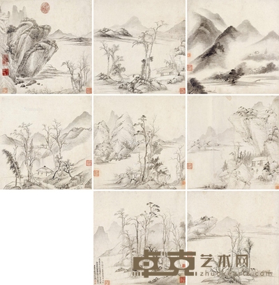 拟云林笔意 册页 (八开) 水墨纸本 35.5×35.5cm×8