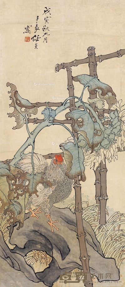 竹篱雄鸡图 立轴 设色纸本 139.5×61cm