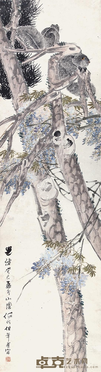 松鼠图 立轴 设色纸本 140×40cm