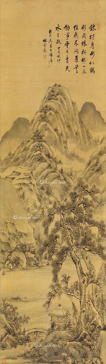 松下溪山问道图 立轴 水墨绫本 109×41.5cm