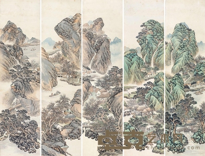 山水 五屏 立轴 设色纸本 180.5×46.5cm×5