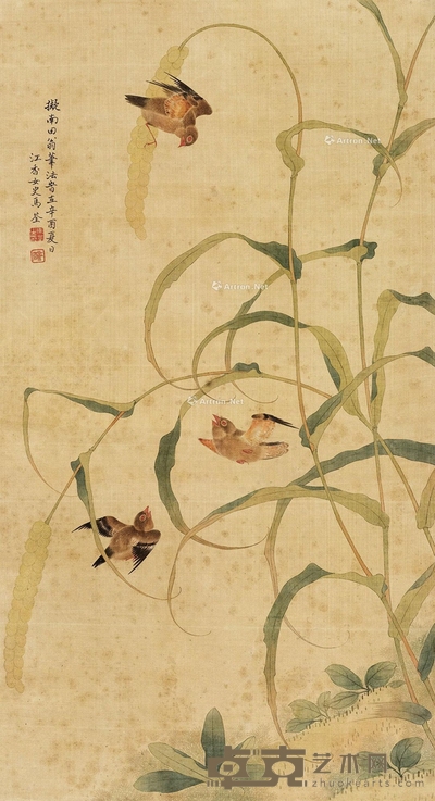 花鸟 画74×40cm;诗堂21.5×40cm