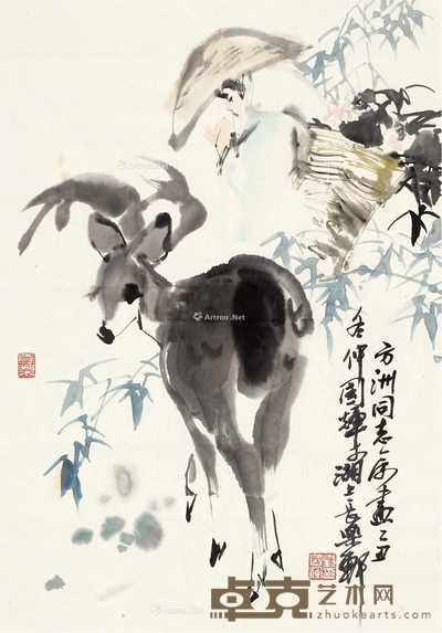 少女与鹿 镜片 设色纸本 48×34cm