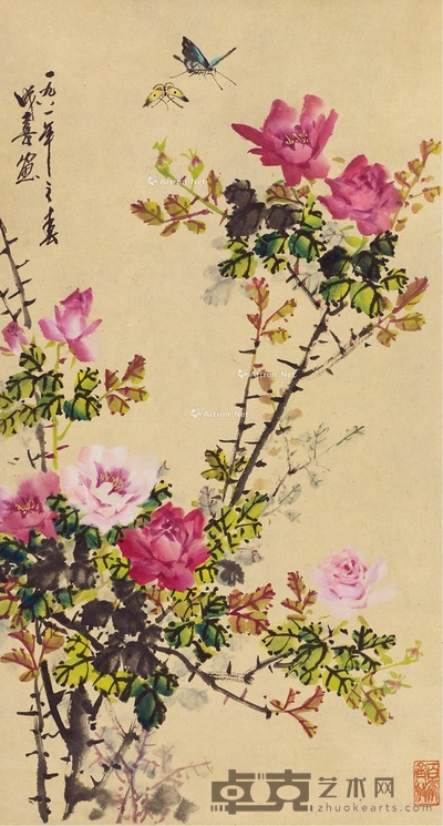 牡丹蝴蝶 立轴 设色纸本 85×46cm