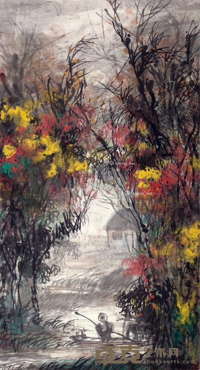 溪林小景 立轴 设色纸本 180×96cm