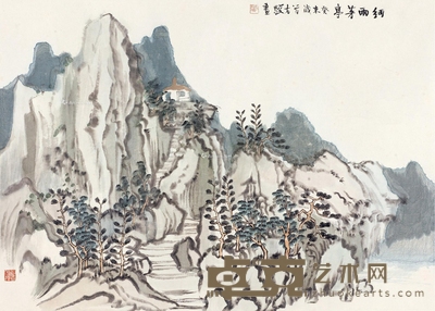 细雨茅亭 镜片 设色纸本 60×83.5cm