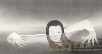 少女 镜片 水墨绢本 33.5×63cm