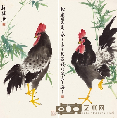 竹鸡图 (二帧) 镜片 设色纸本 70×34cm×2