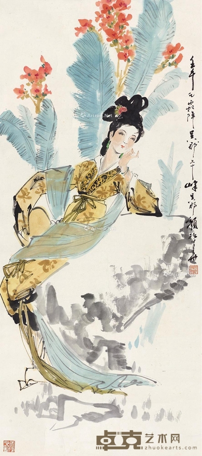 芭蕉仕女 镜片 设色纸本 100×44.5cm