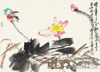 荷花翠鸟 镜片 设色纸本 41×56cm