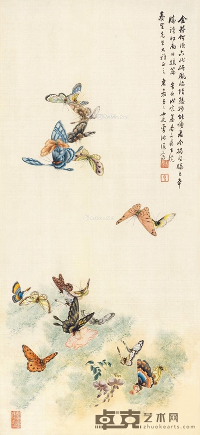 彩蝶起舞 镜片 设色绢本 81×36cm