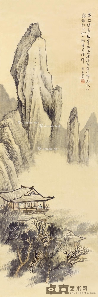 凭栏远眺 立轴 设色绢本 120×40cm