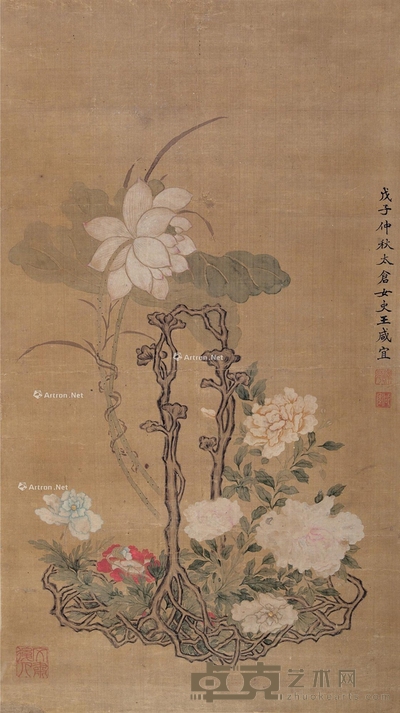 花卉图 立轴 设色绢本 65×37cm