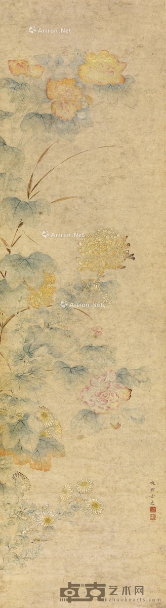 蝴蝶秋菊 立轴 设色纸本 116×29cm