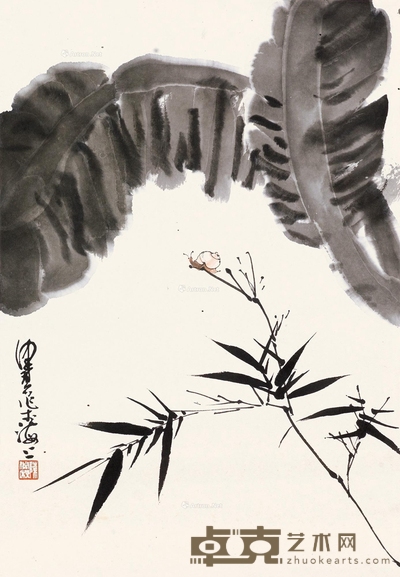 芭蕉小趣图 立轴 设色纸本 46.5×32cm