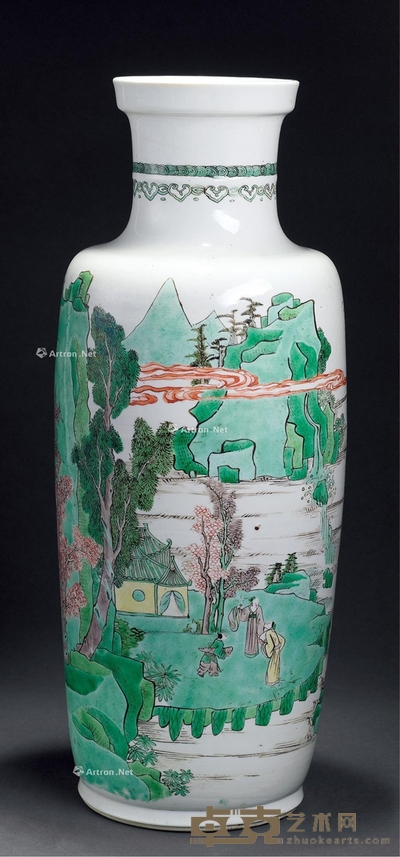 清康熙 五彩山水人物纹棒槌瓶 高46.8cm