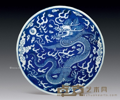 清乾隆 蓝地白花云龙纹官窑瓷板 直径17.5cm