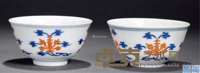 清道光 青花矾红宝相花纹碗 (一对) 直径8cm