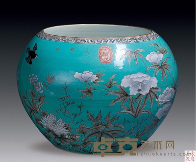 清同治 松石绿地粉彩花鸟纹缸 高28.5cm;直径39.5cm