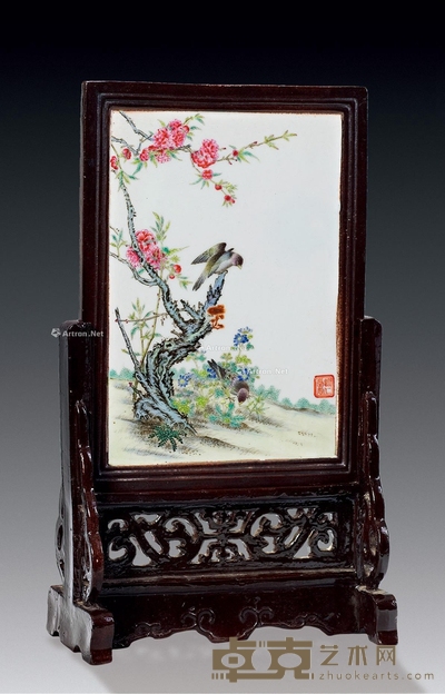 民国 怀仁堂制粉彩花鸟插屏 宽16.5cm;高29cm