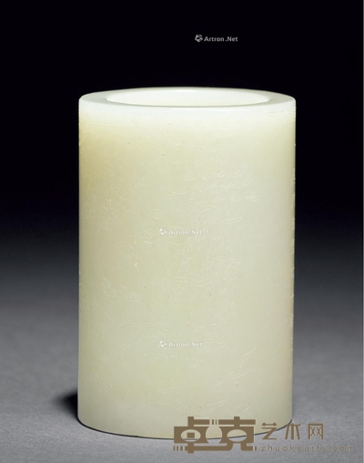清 白玉山水诗文笔筒 高8cm