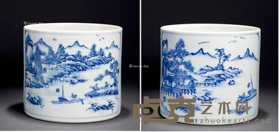 清康熙 青花山水人物笔筒 高16.5cm；直径18cm