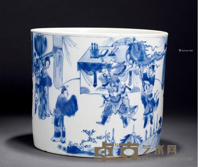清康熙 青花人物故事大笔筒 高16.5cm；直径19.5cm