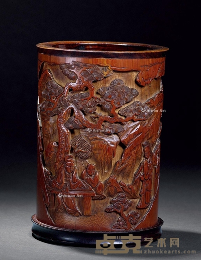 清 竹雕松下高士笔筒 高14.2cm