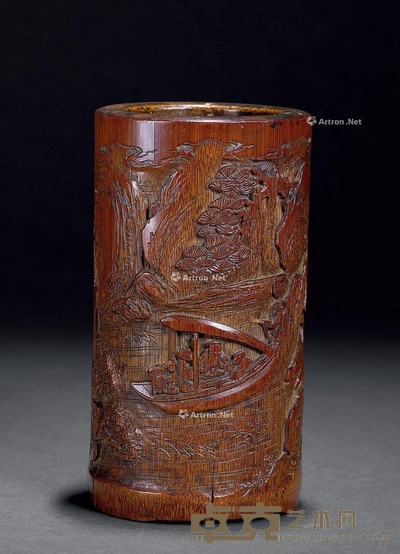 清 竹雕夜游赤壁笔筒 高12.5cm