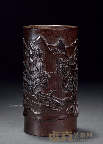 清中期 竹雕山水人物笔筒 高13.5cm