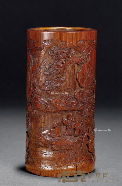 清 竹雕“虎溪三笑”笔筒 高11.5cm