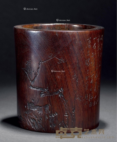清 红木刻梅花诗文笔筒 高13cm