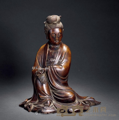 清 石叟款铜嵌银丝观音 高28.5cm