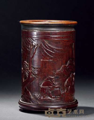 清早期 竹雕渔家乐笔筒 高12.6cm