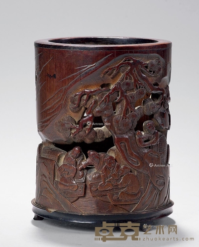 清初 渔家乐竹雕笔筒 高15.5cm;直径11cm