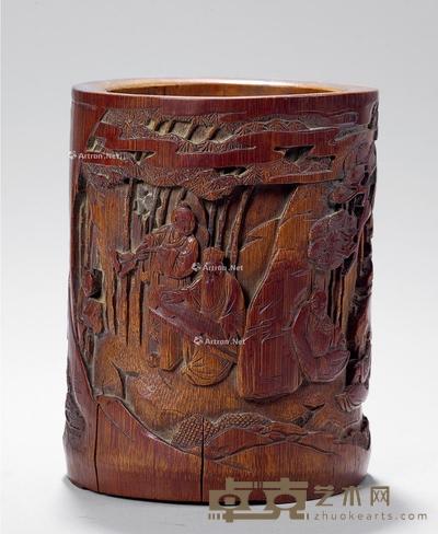 清 王之羽款竹林七贤竹雕笔筒 高14.5cm;直径12cm