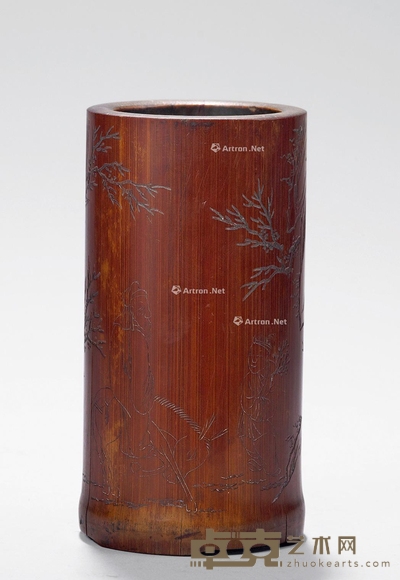 清 寿川制灞桥诗思竹雕笔筒 高12cm;直径6cm