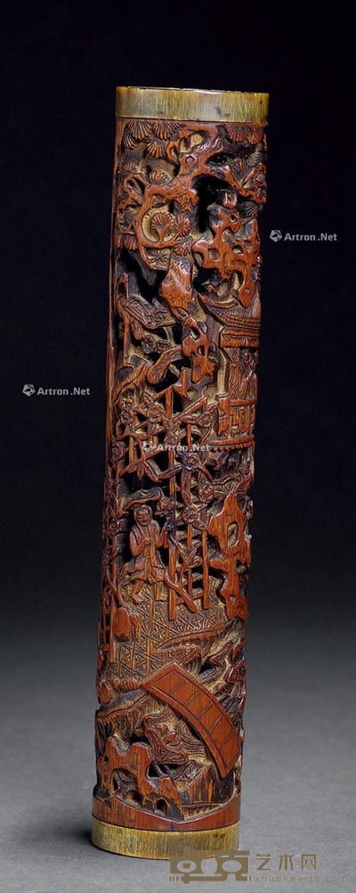 清早期 竹雕庭院人物香筒 高17.5cm