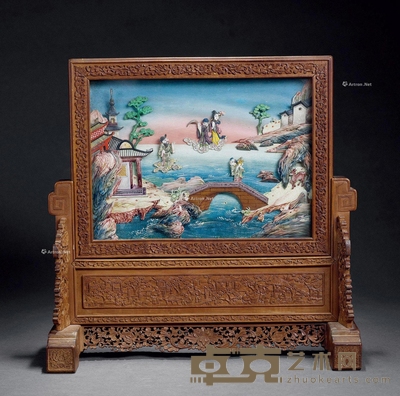 清中期 檀香木嵌染色百宝插屏 长30cm;宽30cm