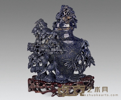 青金石雕松竹花鸟盖瓶 高19cm