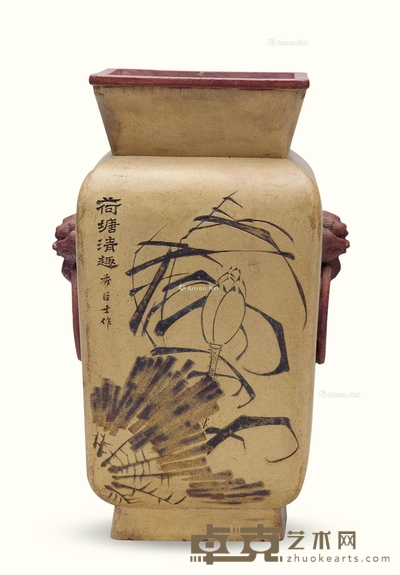 清末 秀臣士刻 渣斗形刻荷花赏瓶 高26cm